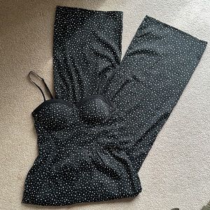 Black with White Polka Dots JumpSuit! Has pockets, adjustable straps, wide legs
